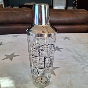 Vintage Irvinware Bartender Glass Cocktail Shaker W/Lid & Drink Recipes Barware